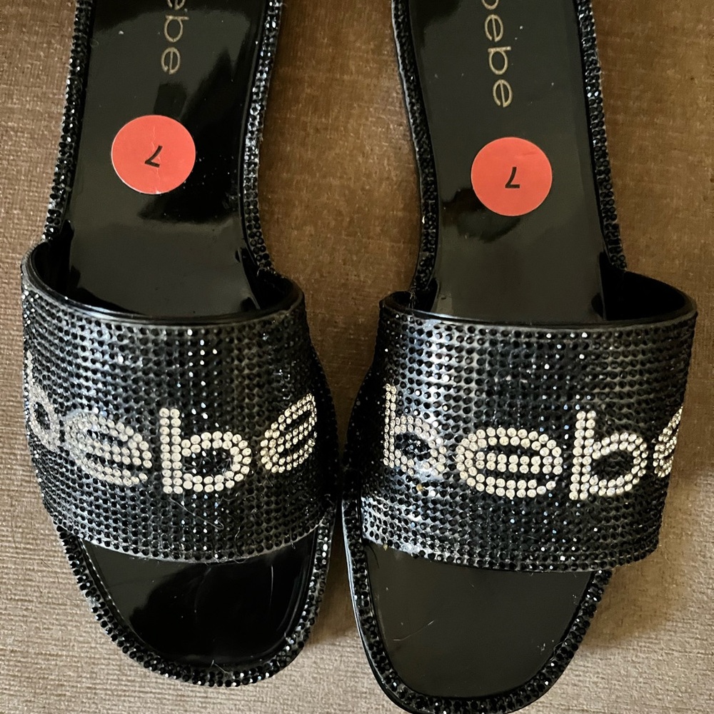 Bebe Black Sparkly Slide Sandals
